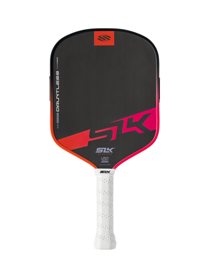 The Selkirk SLK Dauntless Widebody 16mm Pickleball Paddle features a black and red design with a white perforated grip, displayed on a plain white background.