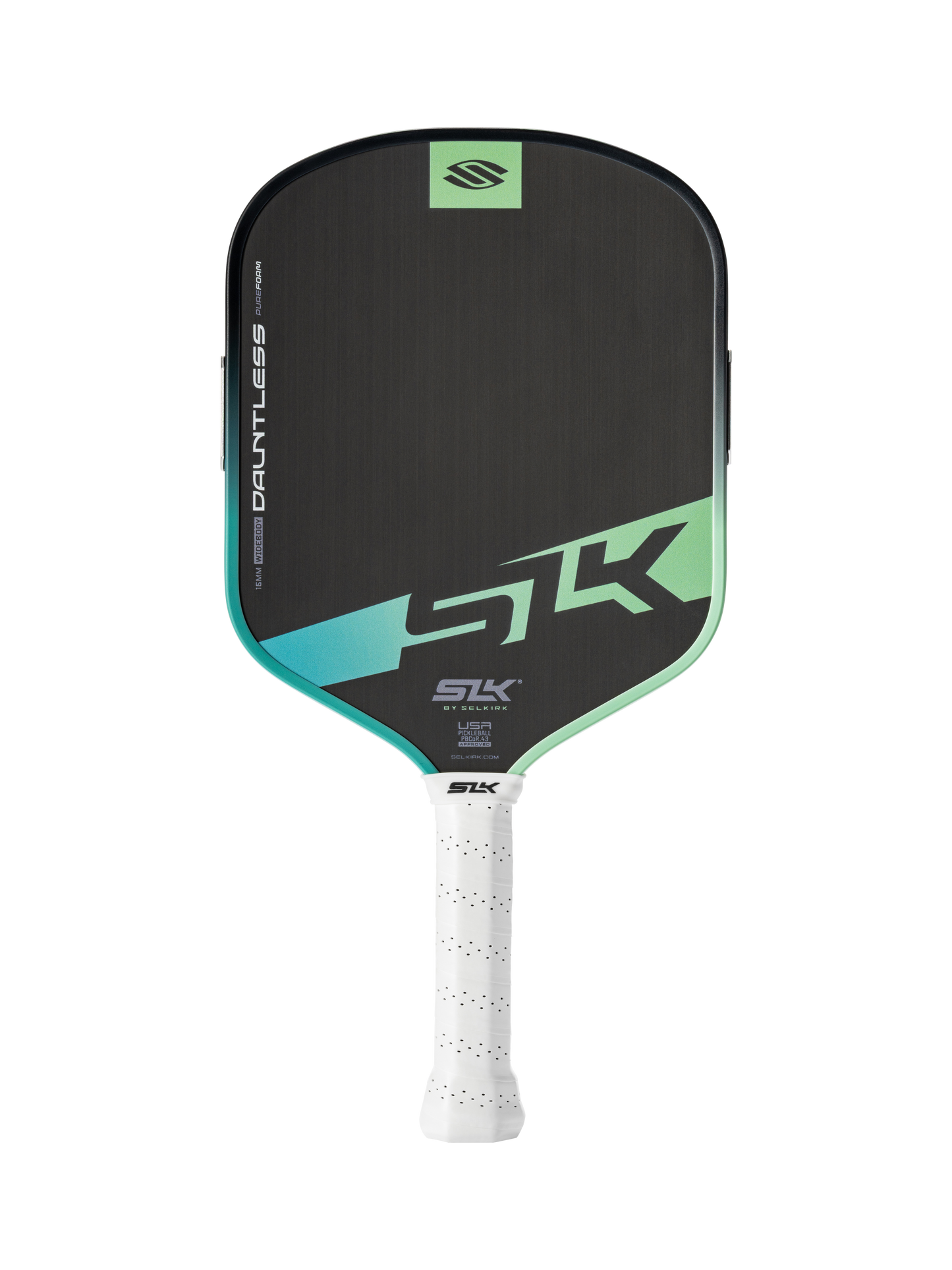 The Selkirk SLK Dauntless Widebody 16mm Pickleball Paddle features a black and green design, bold "DAUNTLESS" edge branding, a white perforated grip, and widebody shape.