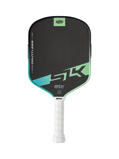 The Selkirk SLK Dauntless Widebody 16mm Pickleball Paddle features a black and green design, bold "DAUNTLESS" edge branding, a white perforated grip, and widebody shape.
