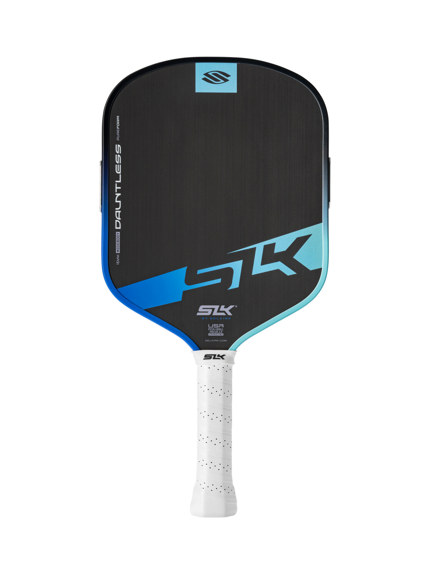 The Selkirk SLK Dauntless Widebody 16mm Pickleball Paddle features a black design with blue accents and a white perforated grip.
