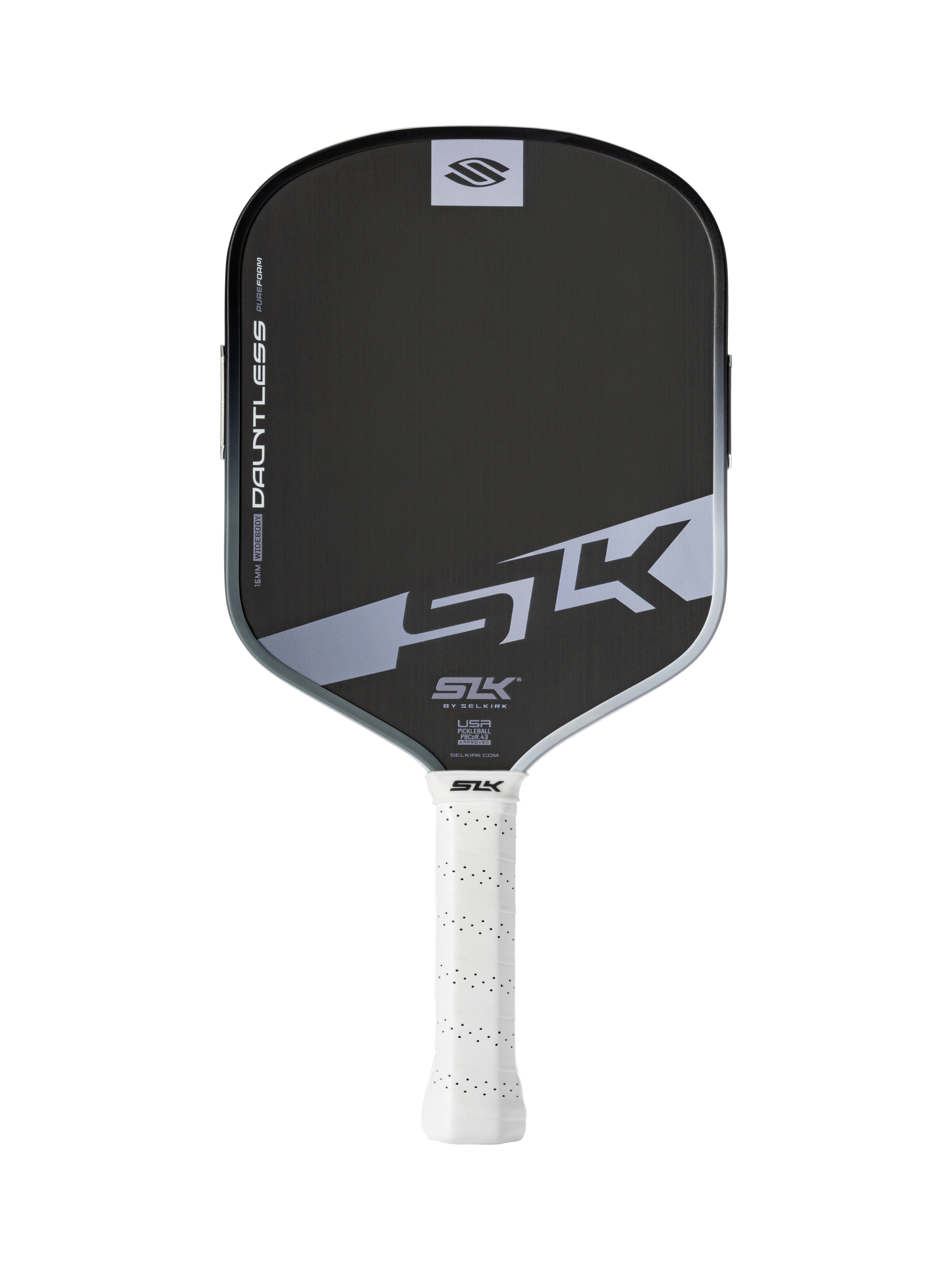 The Selkirk SLK Dauntless Widebody 16mm Pickleball Paddle is shown with a black geometric face, white grip, and widebody design against a plain white background.