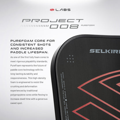 Image of a promotional display for the "Selkirk Labs Project 008 Invikta Elongated 13mm Pickleball Paddle," featuring a PureFoam core for enhanced durability and responsiveness. The text highlights its resistance to crushing and deformation.