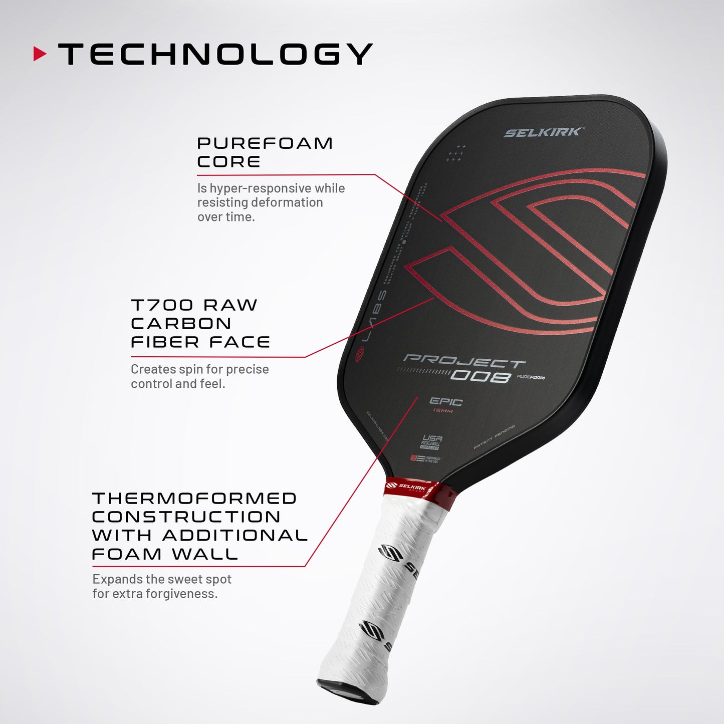 Image of the Selkirk Labs Project 008 Invikta Elongated 13mm Pickleball Paddle highlighting Purefoam Core, T700 Raw Carbon Fiber Face, and Thermoformed Construction. Labeled "PROJECT 006" by Selkirk.