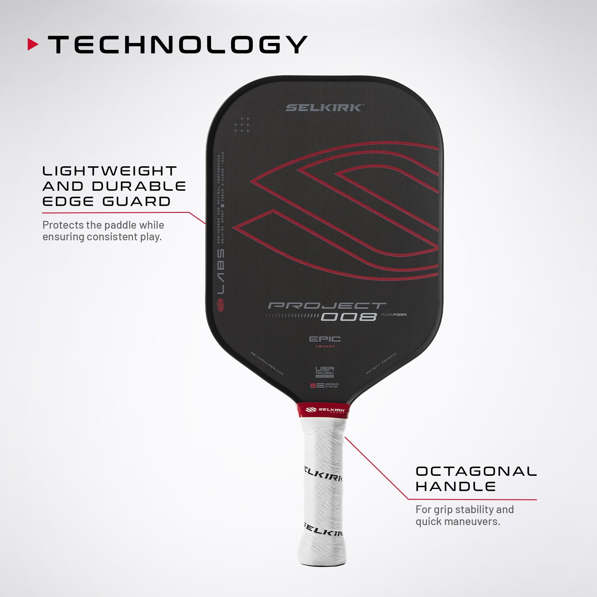 Selkirk Labs Project 008 Invikta Elongated 13mm Pickleball Paddle features a lightweight edge guard, octagonal handle, and "Selkirk" branding.