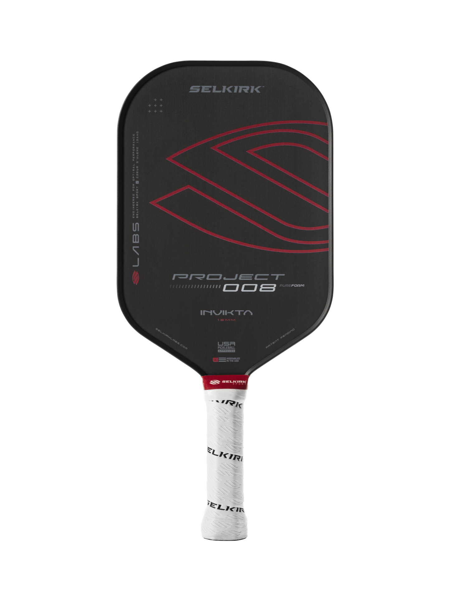 A black and red Selkirk Labs Project 008 Invikta pickleball paddle with "Invikta" on the face and a white handle featuring "Selkirk.