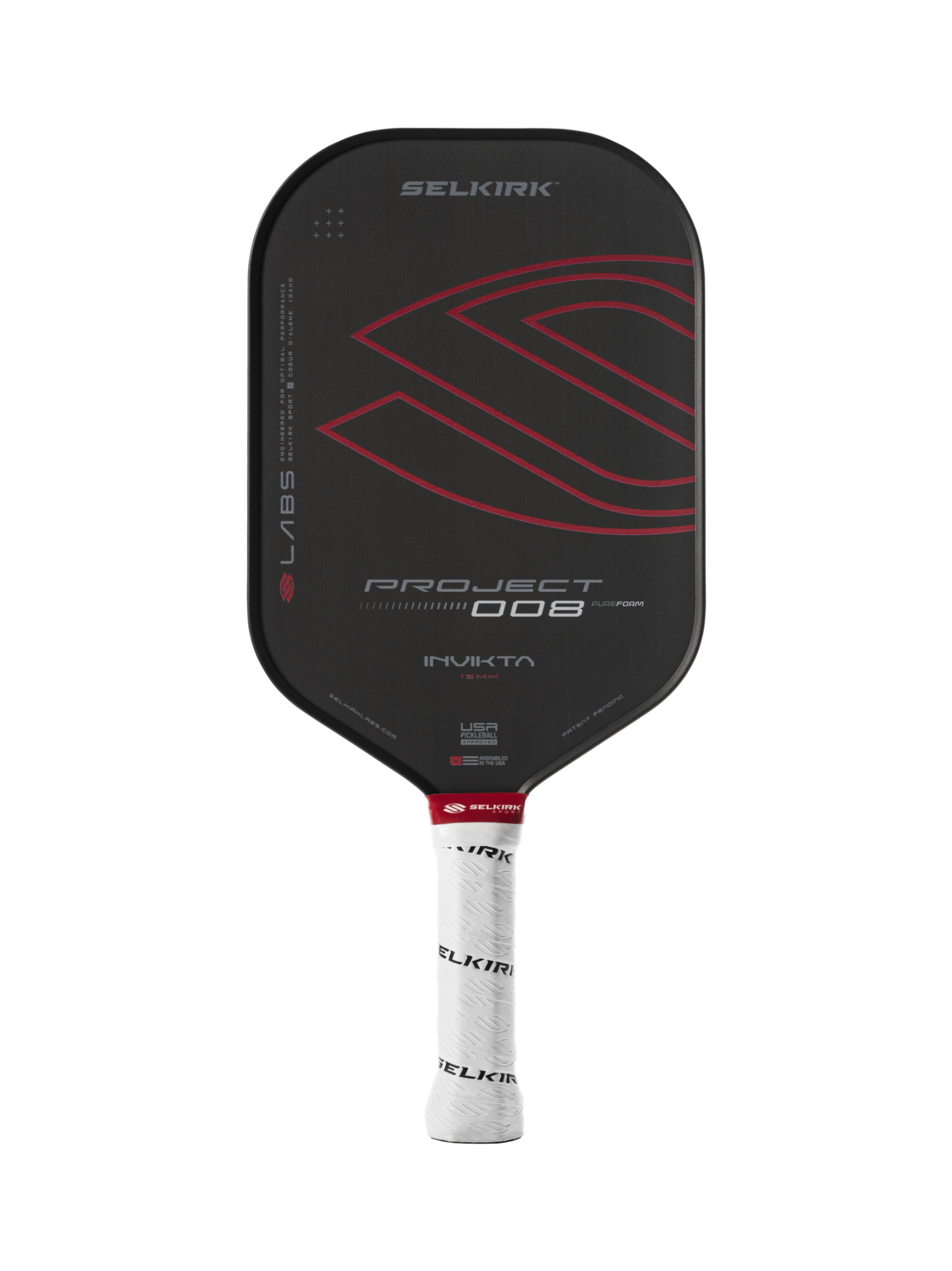 A black and red Selkirk Labs Project 008 Invikta pickleball paddle with "Invikta" on the face and a white handle featuring "Selkirk.