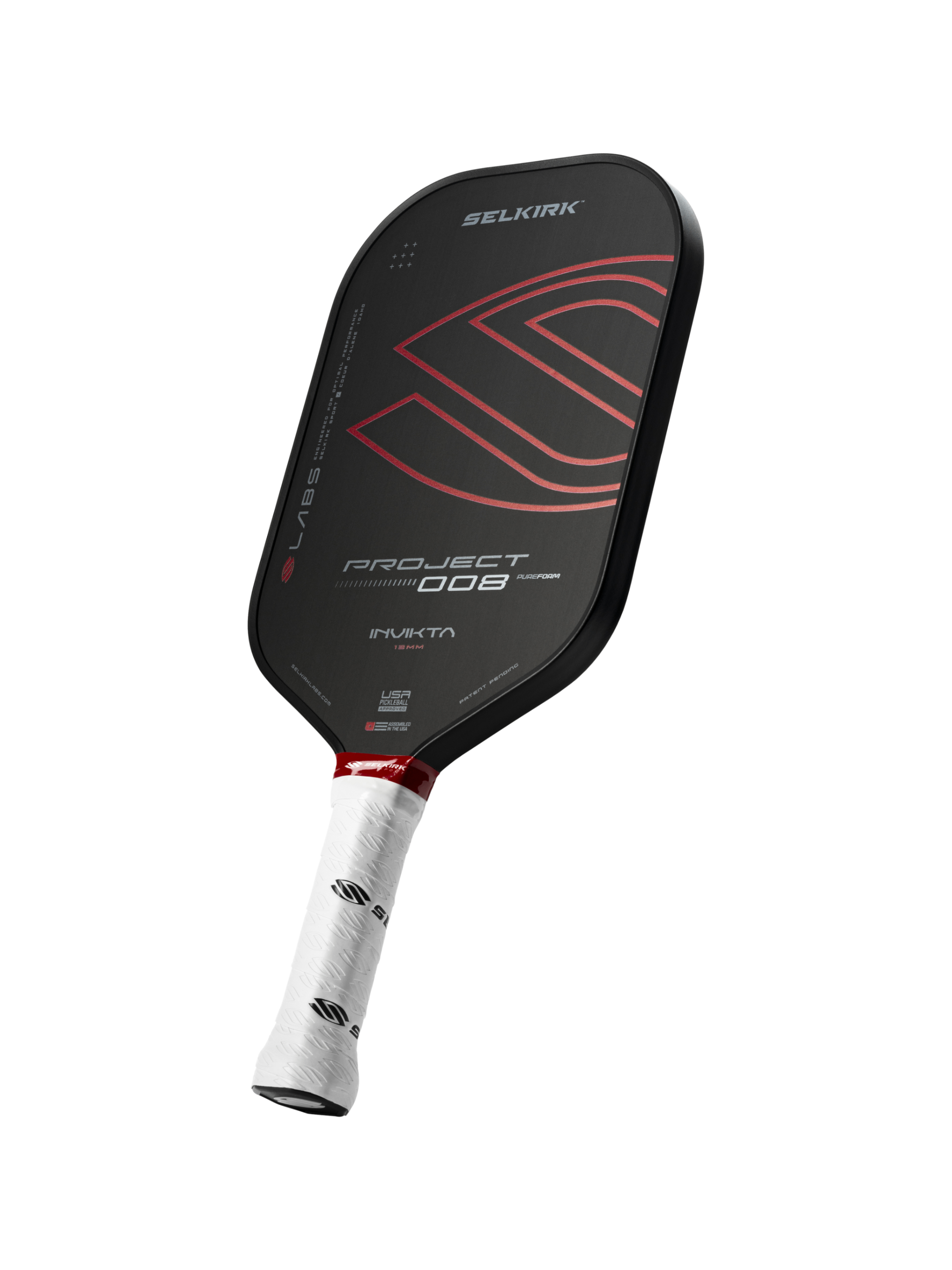 A black and red Selkirk pickleball paddle with a white grip, displaying "Project 008" on its face.