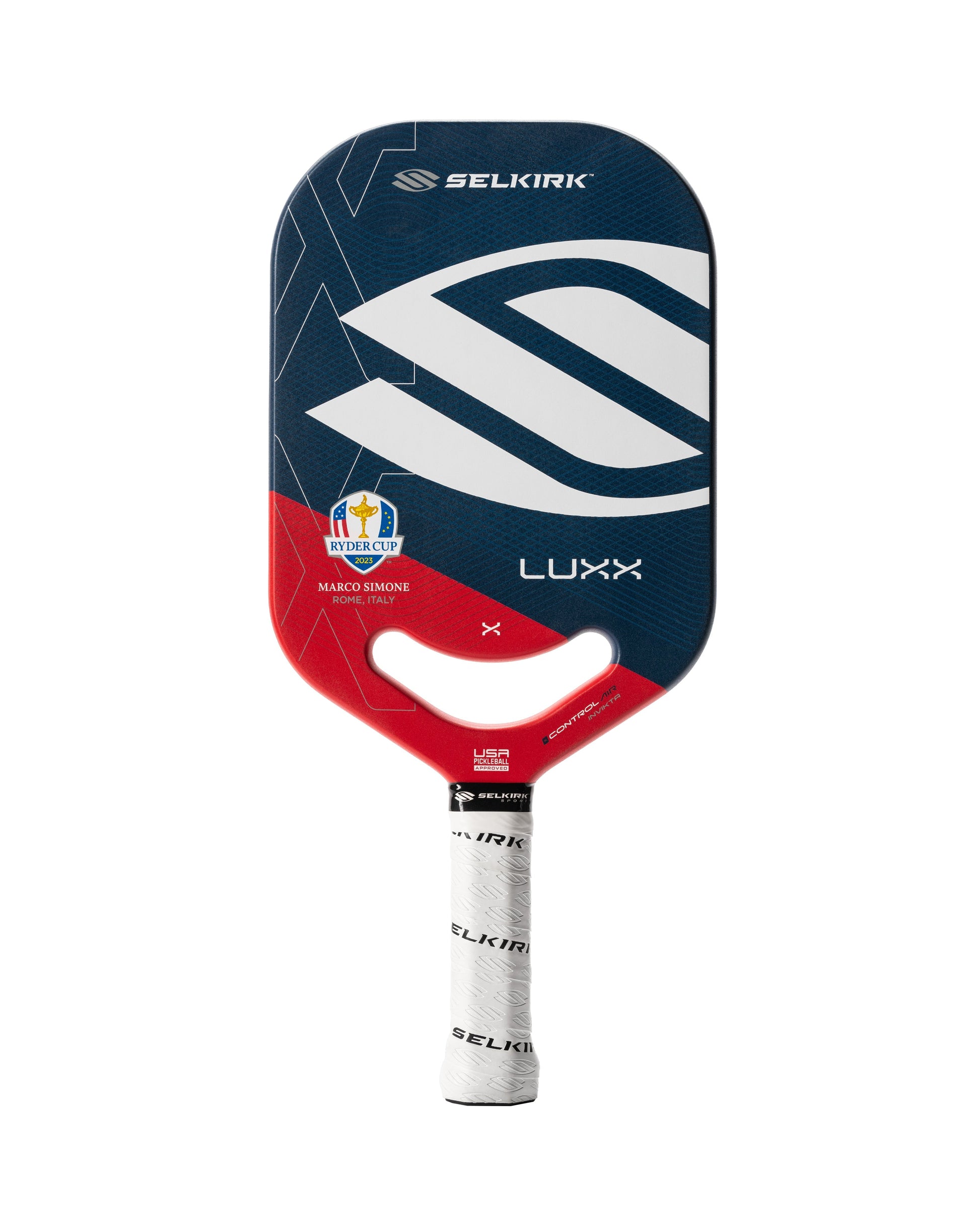 A Pickleballist Selkirk LUXX Control Air Invikta pickleball paddle in blue and white with a red arrow graphic, featuring Florek Carbon Fiber technology and branding details on the handle.