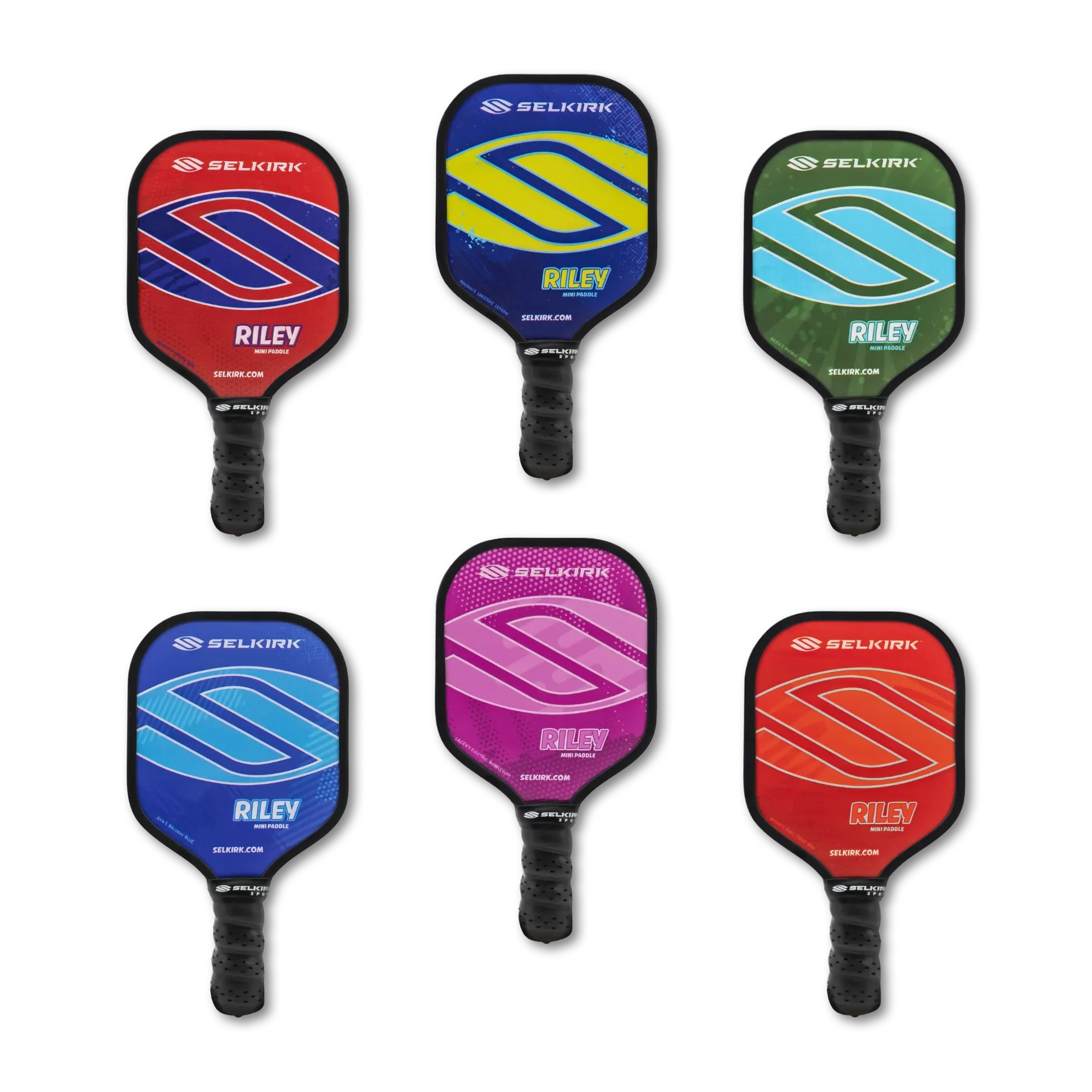 The Selkirk Riley Mini Pickleball Paddle Collection offers a novel gift option featuring six different colored paddles on a black background.