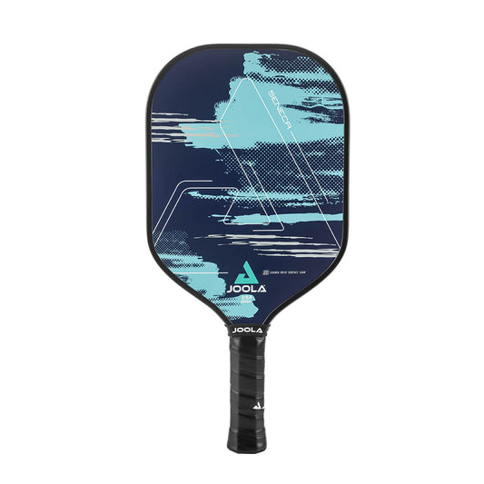 A Pickleballist Seneca CDS 16 Pickleball Paddle, featuring a geometric blue design on the playing surface, with the brand's logos displayed.