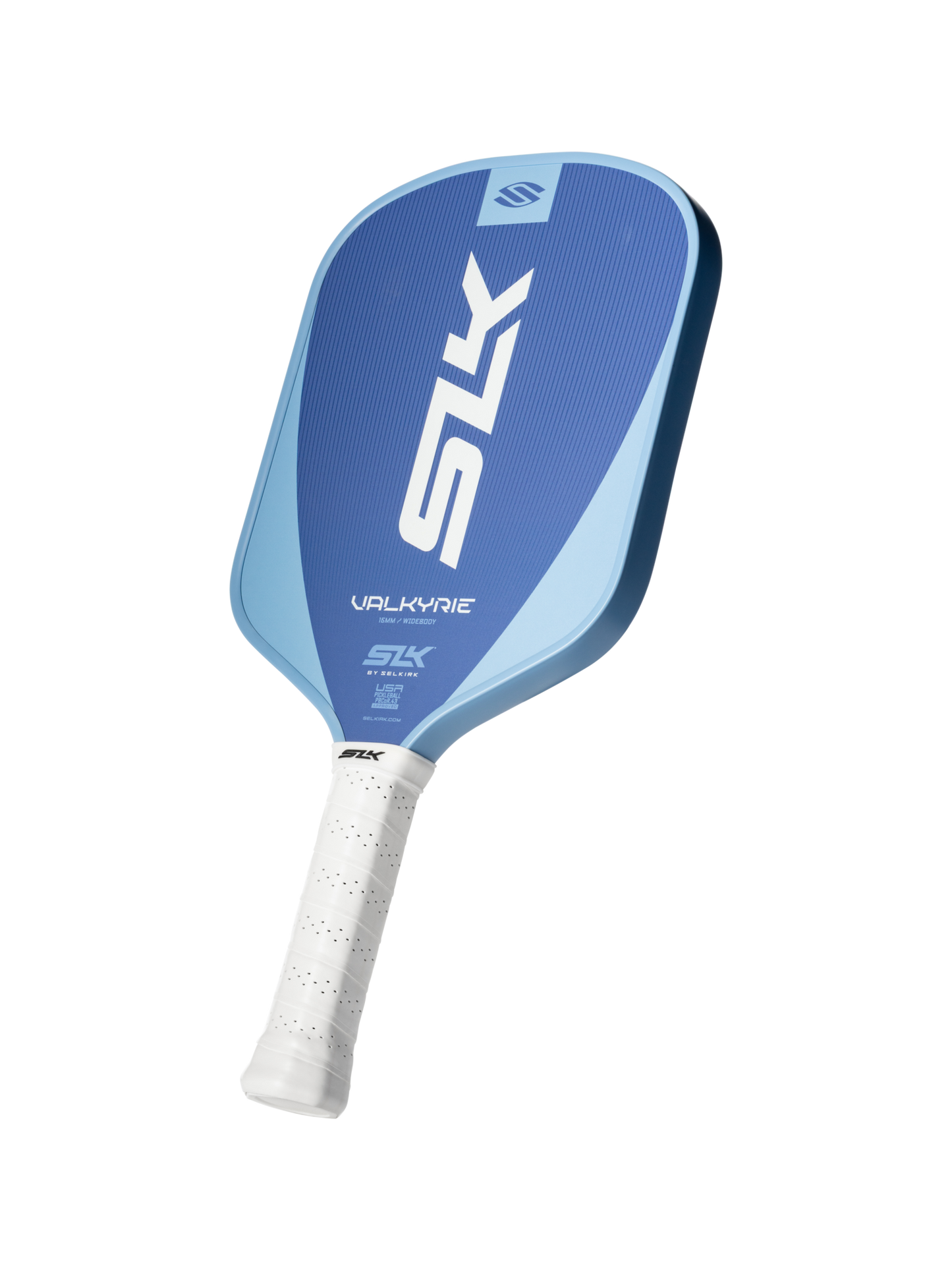 The Selkirk SLK Valkyrie Widebody 16mm Pickleball Paddle in blue and white, with a white grip, is displayed on a plain white background.
