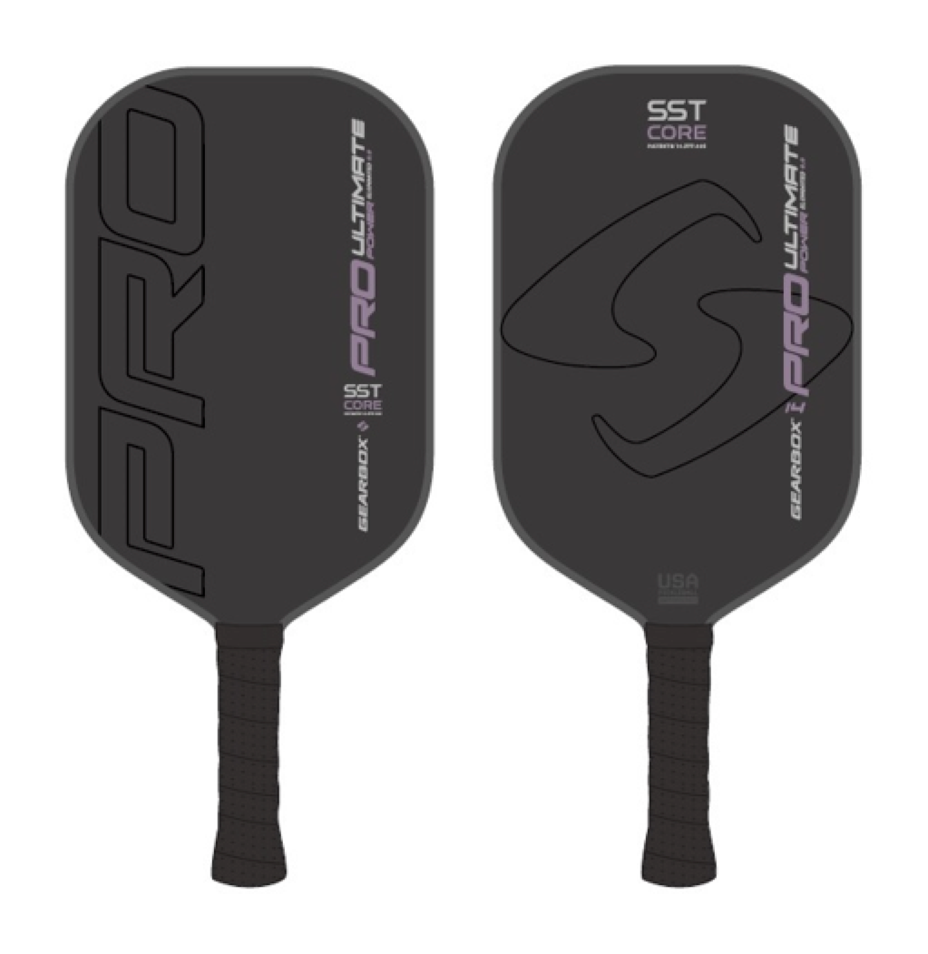 Two black pickleball paddles, the "Gearbox Pro Ultimate Power Elongated" and "SST CORE," feature textured handles and geometric designs.