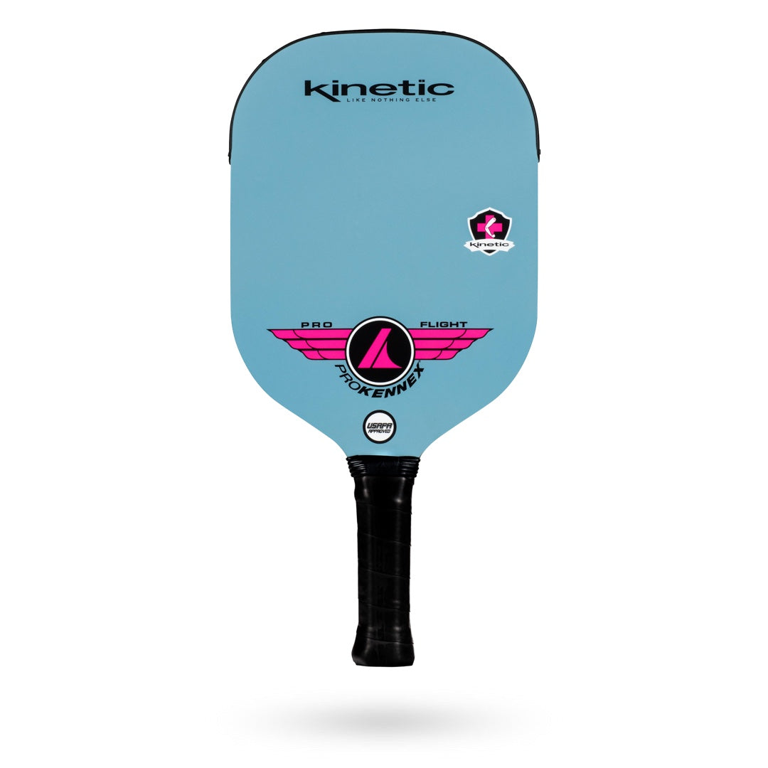 A ProKennex Kinetic Pro Flight Pickleball Paddle with a carbon grip.