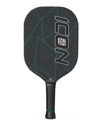 A black and gray Diadem Icon pickleball paddle with neon green lines and the word "icon" displayed prominently.