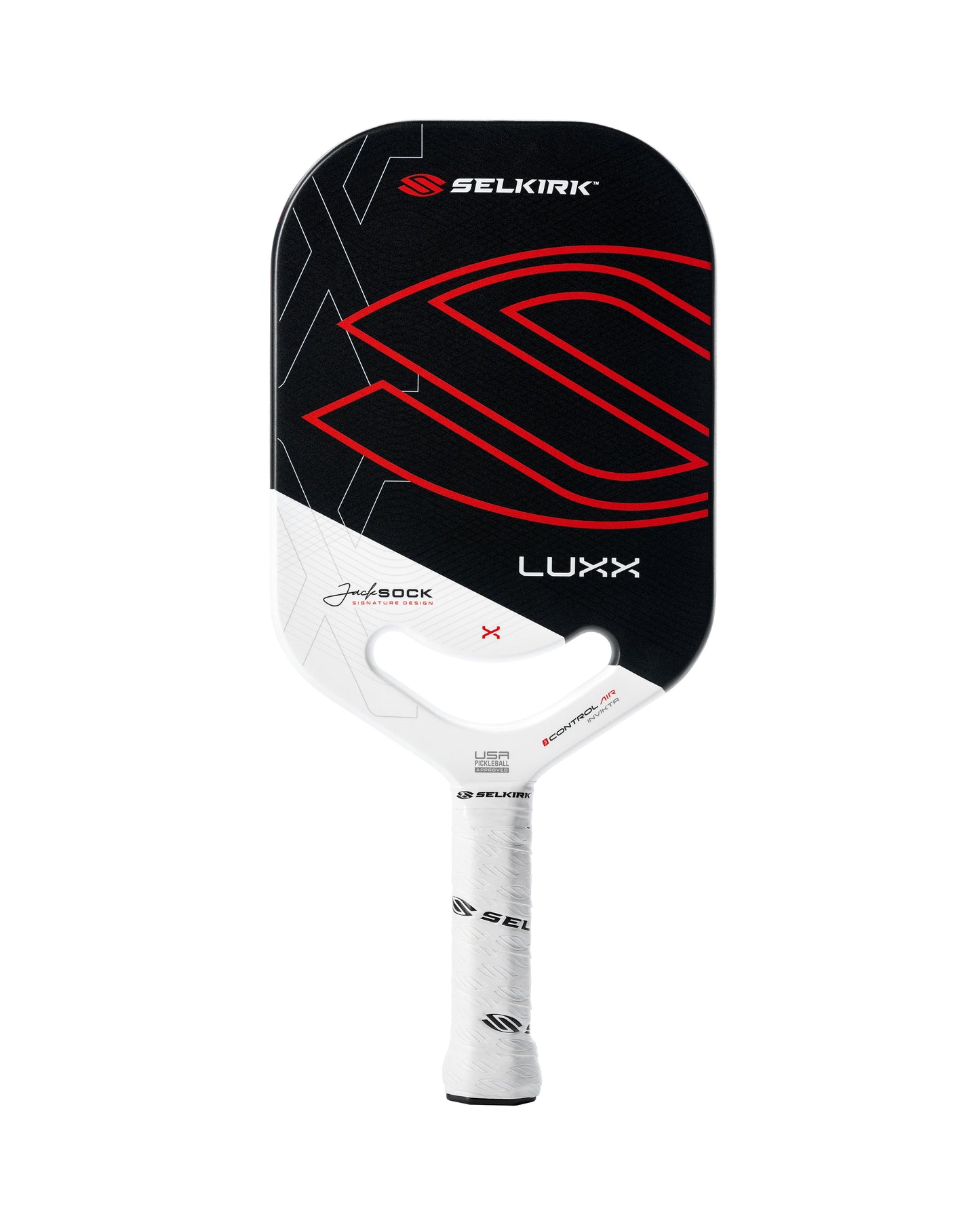 Image of a Selkirk LUXX Control Air Invikta Pickleball Paddle with a black, white, and red design, featuring the Selkirk logo and signature graphics. This paddle showcases Florek Carbon Fiber technology for enhanced performance.