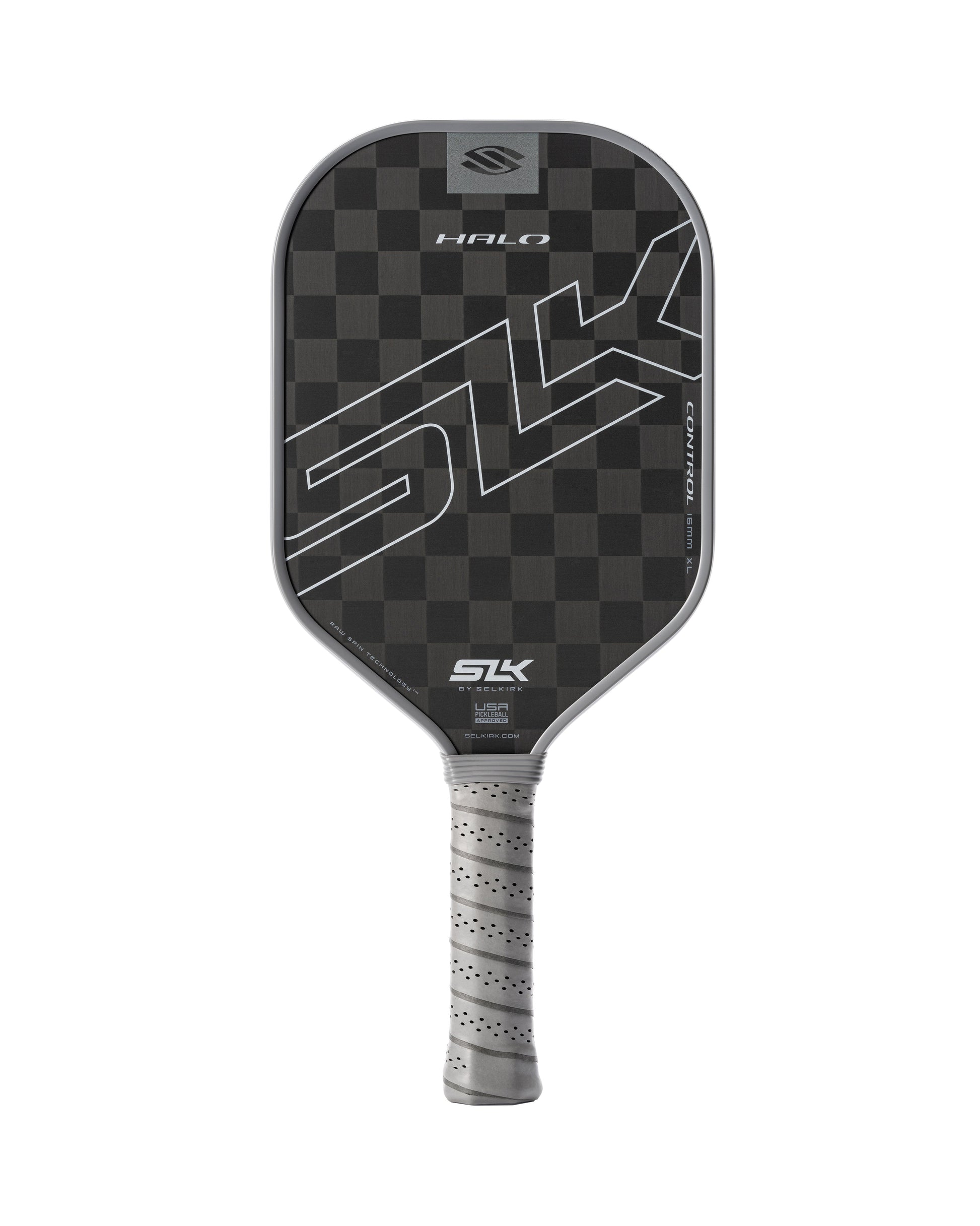 An image of the Selkirk SLK HALO XL Control 16mm Pickleball Paddle, showcasing a black and gray checkered design and a textured gray handle.