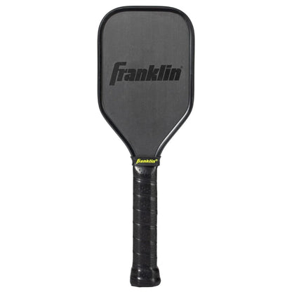 A black Franklin Sweet Spot Training Pickleball Paddle with a textured grip handle, designed for sports use, featuring T700 carbon fiber for enhanced durability.