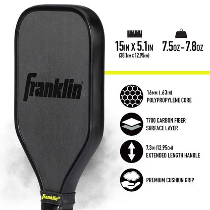 A black Franklin Sweet Spot Training Pickleball Paddle by Franklin with dimensions 15in x 5.1in (38.1cm x 12.95cm) and weighing 7.5oz-7.8oz. Features a T700 carbon fiber surface, a 16mm polypropylene core, extended handle, and cushion grip—perfect as a Sweet Spot Trainer for honing your skills.