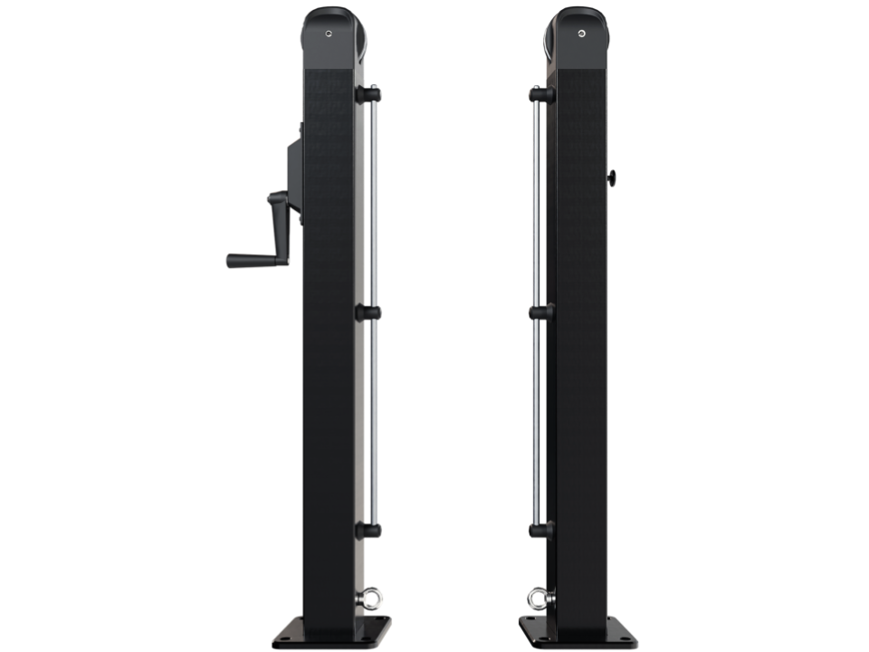 Two black rectangular vertical posts with attached hand cranks and metal rods, mounted on base plates, from the Dominator Surface Mount Pickleball Posts & Net Systems by Dominator.