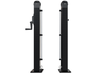 Two black rectangular vertical posts with attached hand cranks and metal rods, mounted on base plates, from the Dominator Surface Mount Pickleball Posts & Net Systems by Dominator.