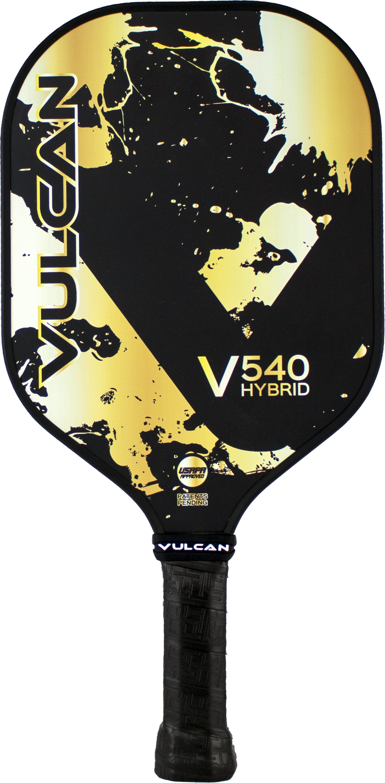 Pickleball paddle with a yellow splatter and black design featuring abstract graphics, displaying the brand name "Pickleballist" and model "Vulcan V540 Hybrid" on the face.