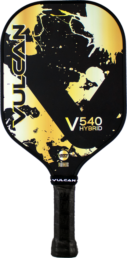 Pickleball paddle with a yellow splatter and black design featuring abstract graphics, displaying the brand name "Pickleballist" and model "Vulcan V540 Hybrid" on the face.