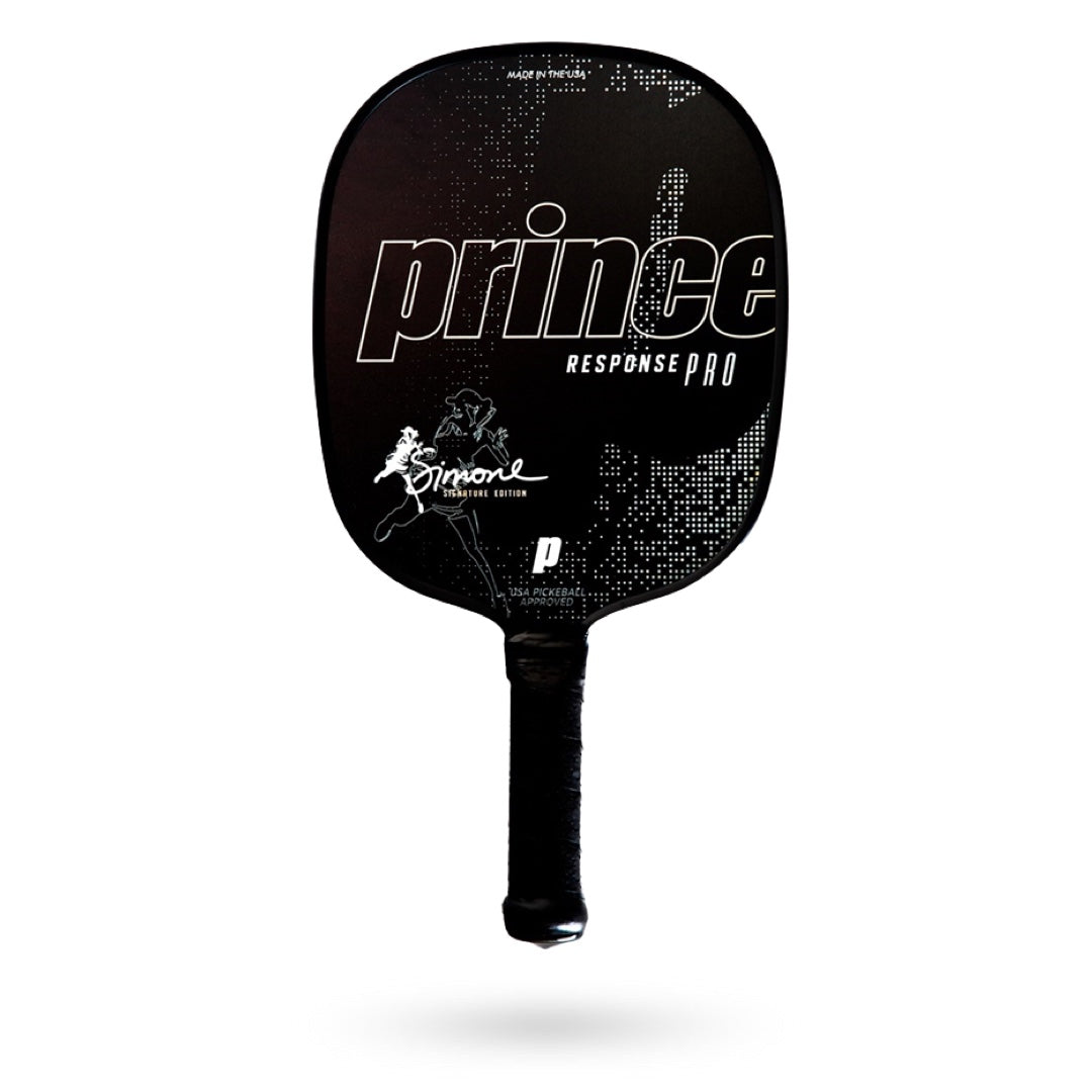 A black Prince Response Pro Pickleball Paddle with the word Prince on it.