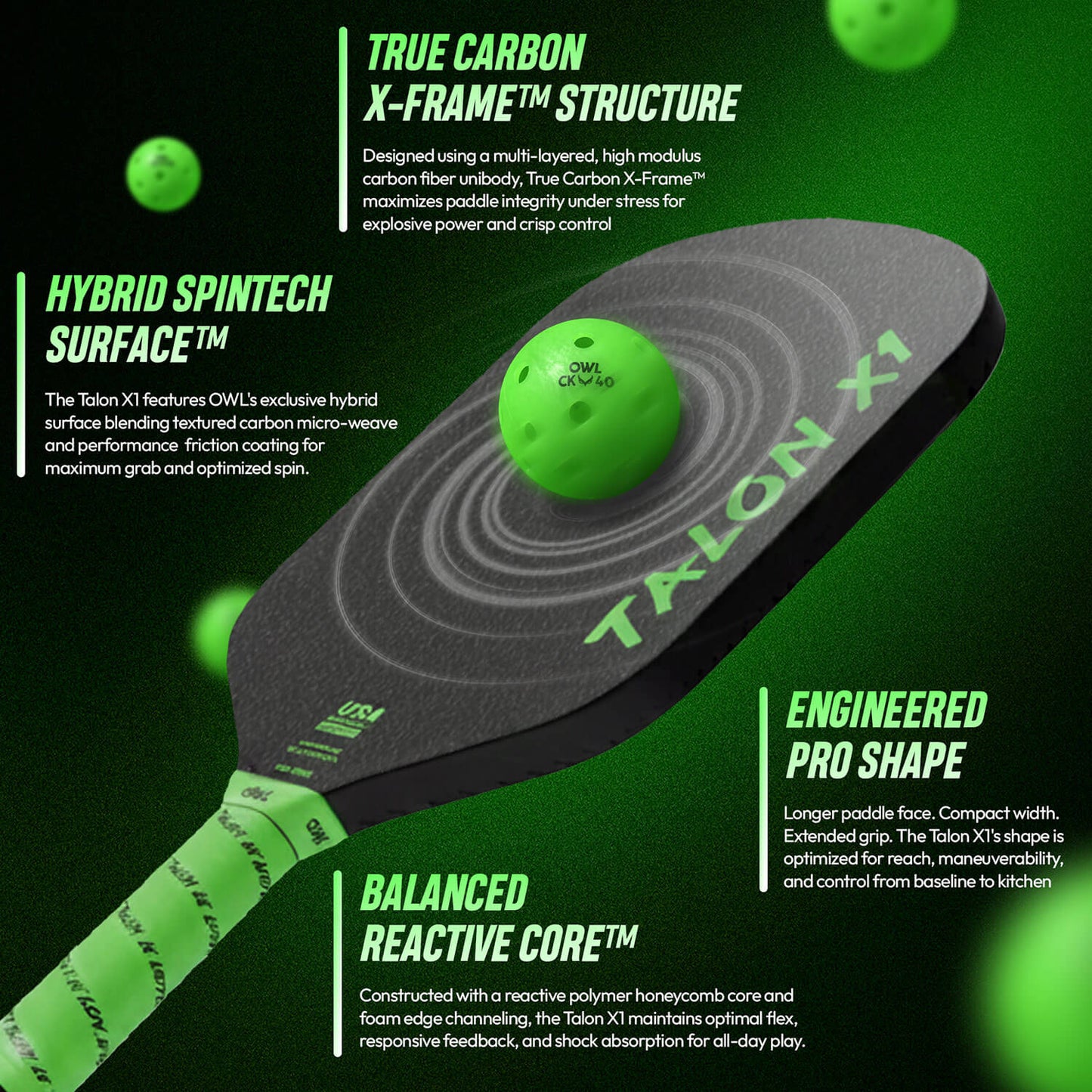 The OWL Talon X1 Quiet Pickleball Paddle by OWL features a black and green design, carbon X-frame structure, hybrid SpinTech surface for spin control, engineered pro shape, Acoustene Power System, and balanced reactive core.