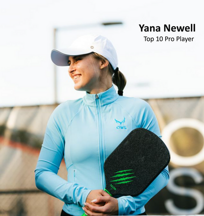Woman in a light blue jacket and white cap holding an OWL Talon X1 Quiet Pickleball Paddle—known for spin control—stands outdoors by a blurred fence. Text: "Yana Newell, Top 10 Pro Player.