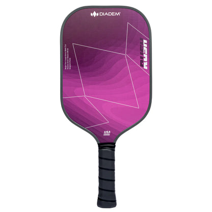 A Diadem Rush pickleball paddle in purple with geometric patterns, featuring a black handle and the word "Riptide" printed in white on the surface.