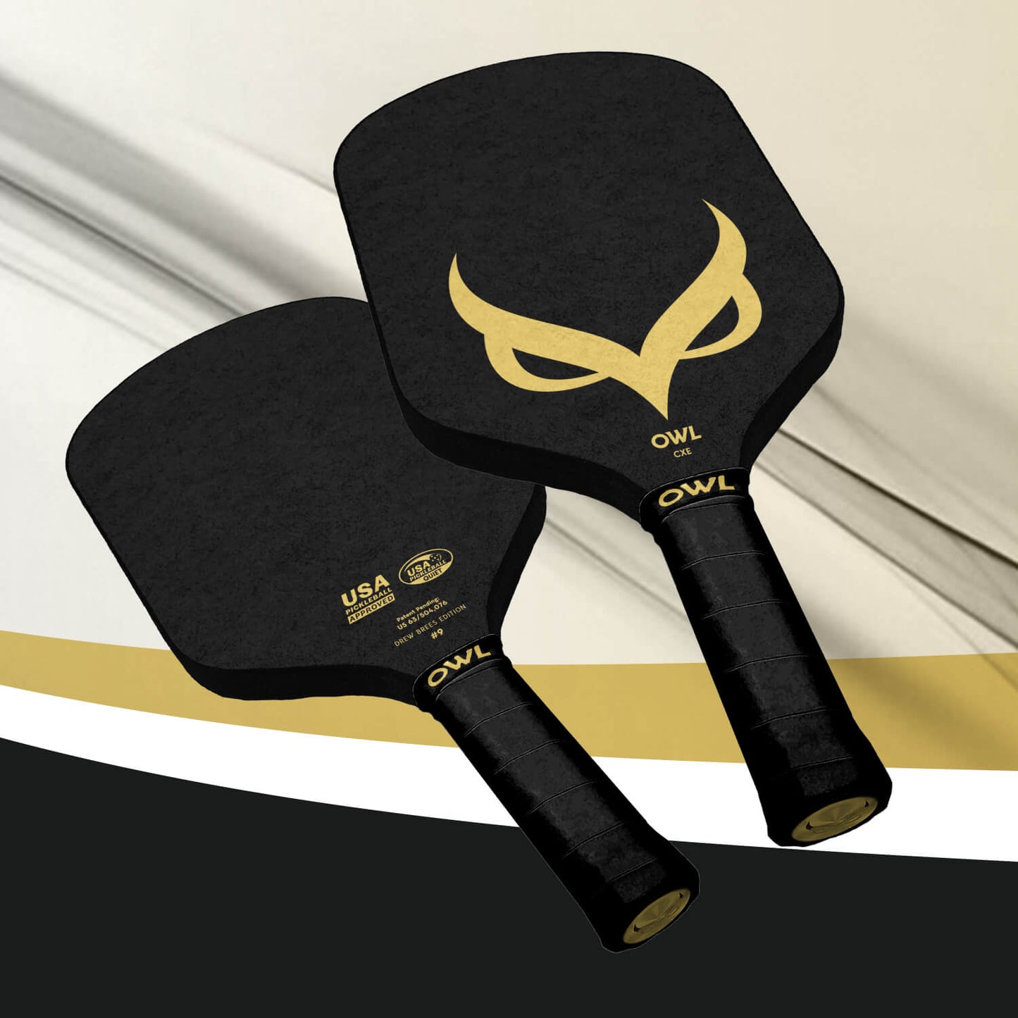 Two OWL CXE - Drew Brees Limited Edition Quiet Pickleball Paddles in black with gold owl logos and OWL-branded handles are shown on a white, black, and gold background, crafted from advanced Propylux Acoustene composite for premium performance.