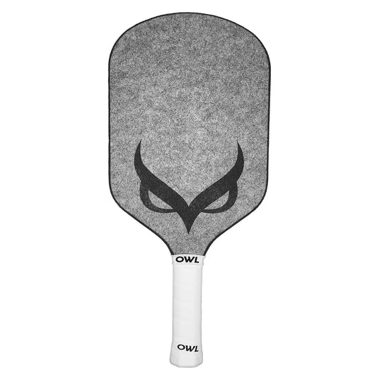 A gray OWL CXE Control Series Elongated Pickleball Paddle with a black stylized owl face on the hitting surface and a white handle labeled "OWL Sport.