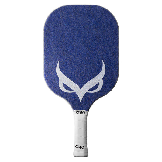 Blue OWL PX Power Series Wide Body Pickleball paddle with a white owl logo on the face, isolated on a white background.