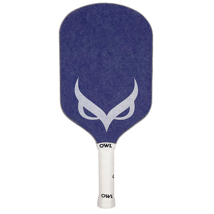 Image of an OWL PXE Power Series Elongated Pickleball Paddle by OWL Sport, featuring a blue paddle face with a white handle and an owl face logo on the paddle face.