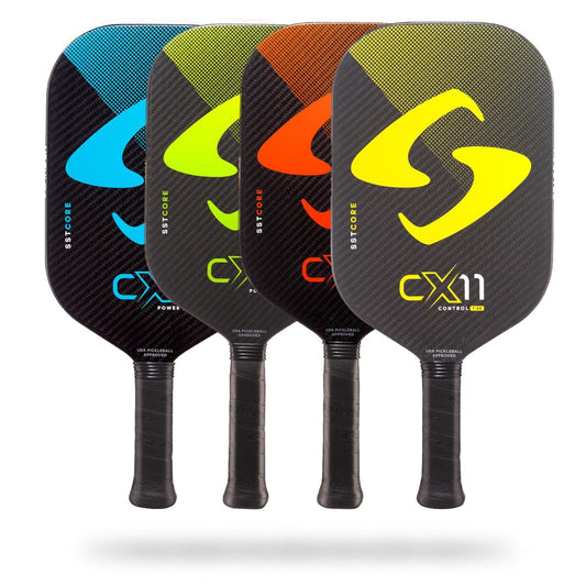 Four maneuverable Gearbox CX11 Elongated Pickleball Paddles with the cxm logo.