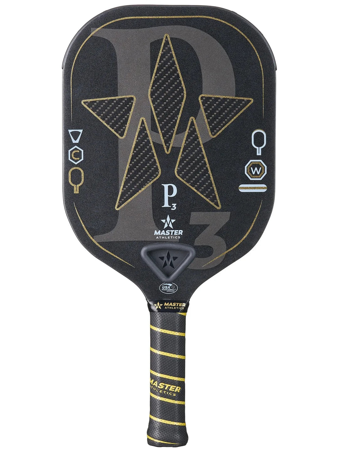 A black and yellow pickleball paddle featuring the brand name "Master Athletics" and model "P3 Pickleball Paddle & Tuning Kit" with various geometric designs on the face and a striped grip handle.