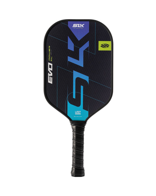 The Selkirk SLK EVO XL Power Pickleball Paddle showcases dynamic black, blue, and green graphics on its face, featuring the text "EVO" and "SLK." The handle is wrapped in a sleek black grip tape.