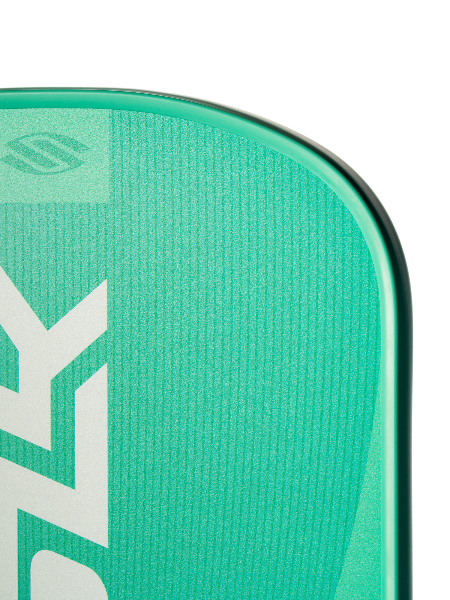 Close-up of the top section of a Selkirk SLK Valkyrie Widebody 16mm Pickleball Paddle, featuring green and teal color, a logo, and bold partial white lettering on its surface.