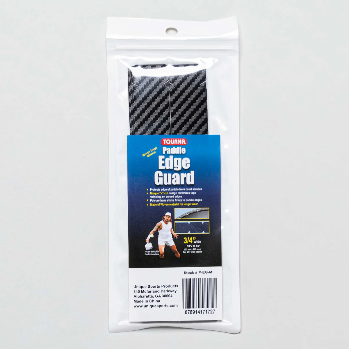 Plastic packaging of Tourna Pickleball Paddle Edge Guard (Woven Material) with a visible carbon-patterned paddle guard and label providing details about the product.