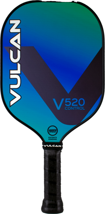 A Pickleballist Vulcan V520 Control pickleball paddle with a blue and black design, prominently displaying the Vulcan logo.