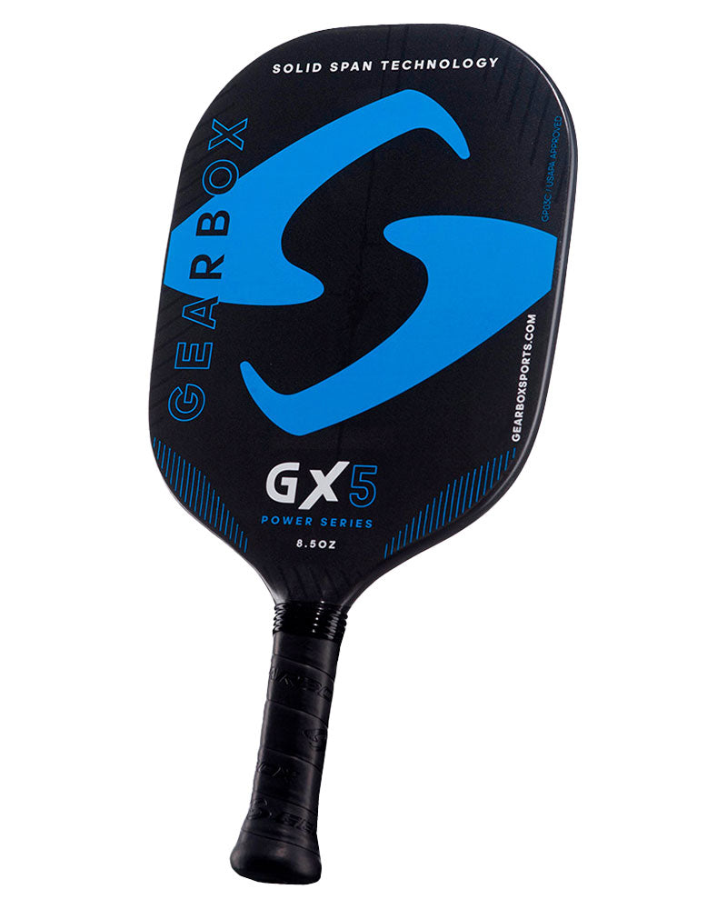 A blue and black Gearbox GX5 Pickleball Paddle with a soft feel on a white background.