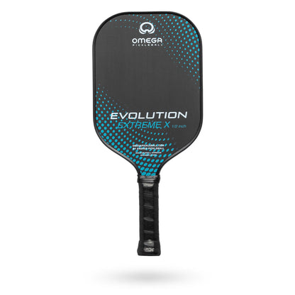 A black pickleball paddle with blue accents, labeled "Engage Omega Evolution Extreme X 1/2 inch (13mm) Pickleball Paddle," featuring a textured design and a wrapped handle.