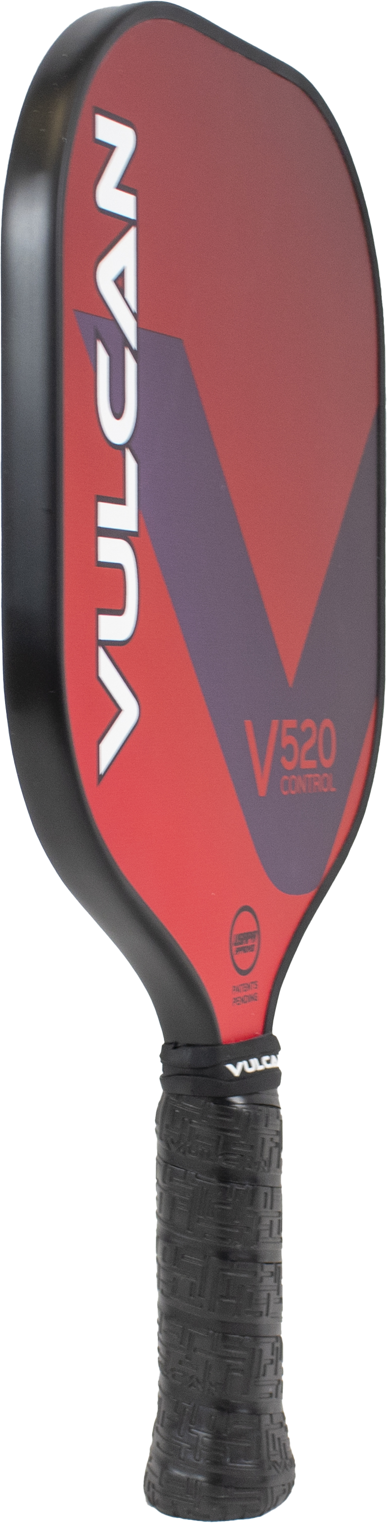 An Americana-themed Pickleballist Vulcan V520 Control pickleball paddle with a red and grey design on the hitting surface and a black grip.