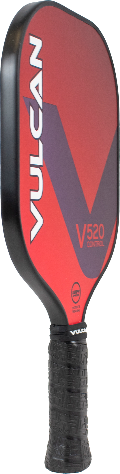 An Americana-themed Pickleballist Vulcan V520 Control pickleball paddle with a red and grey design on the hitting surface and a black grip.