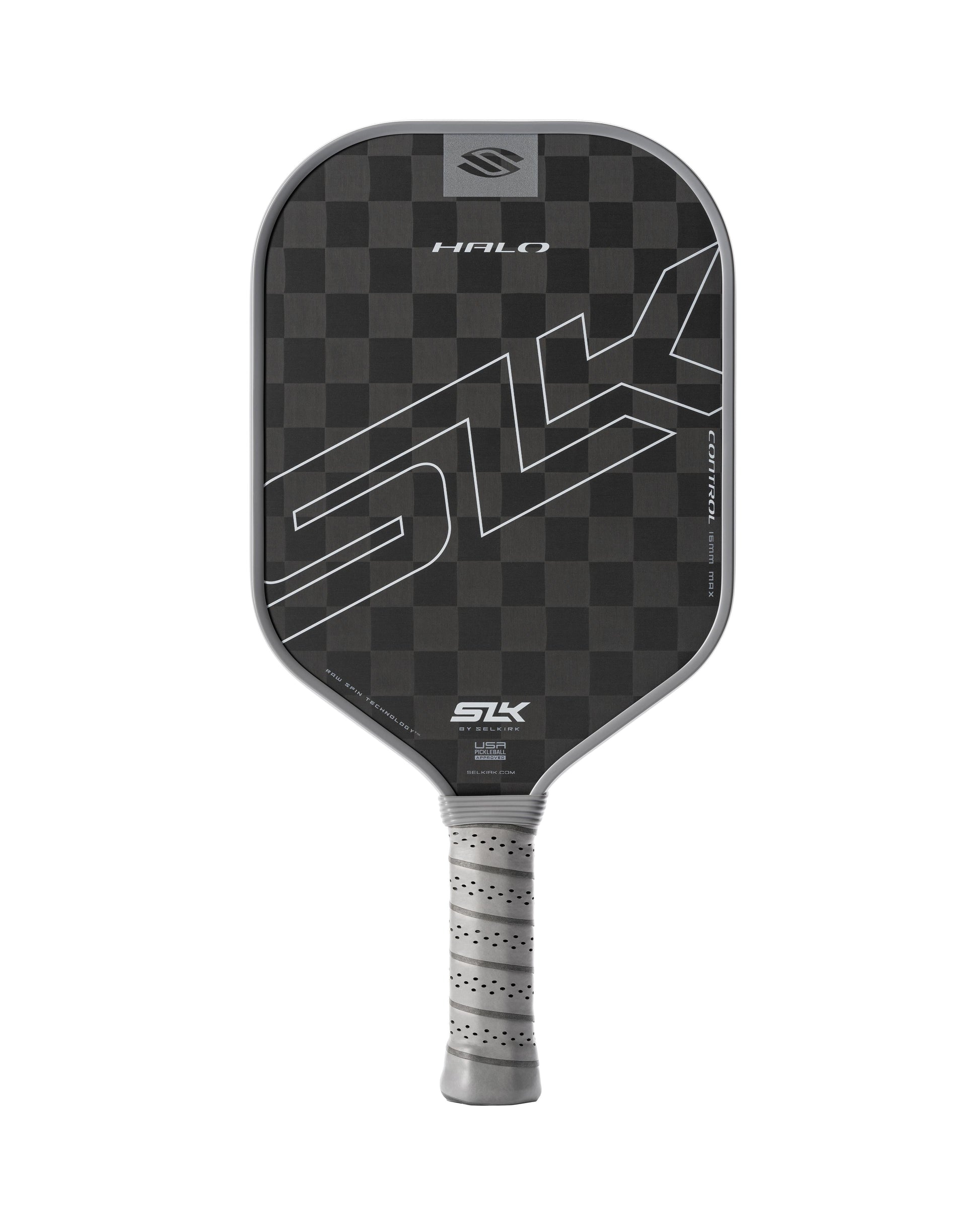 This black pickleball paddle, the Selkirk SLK HALO Max Control 16mm, showcases a sleek checkered pattern and prominently displays the "SLK" logo on its face, complemented by a textured grip handle for enhanced control.