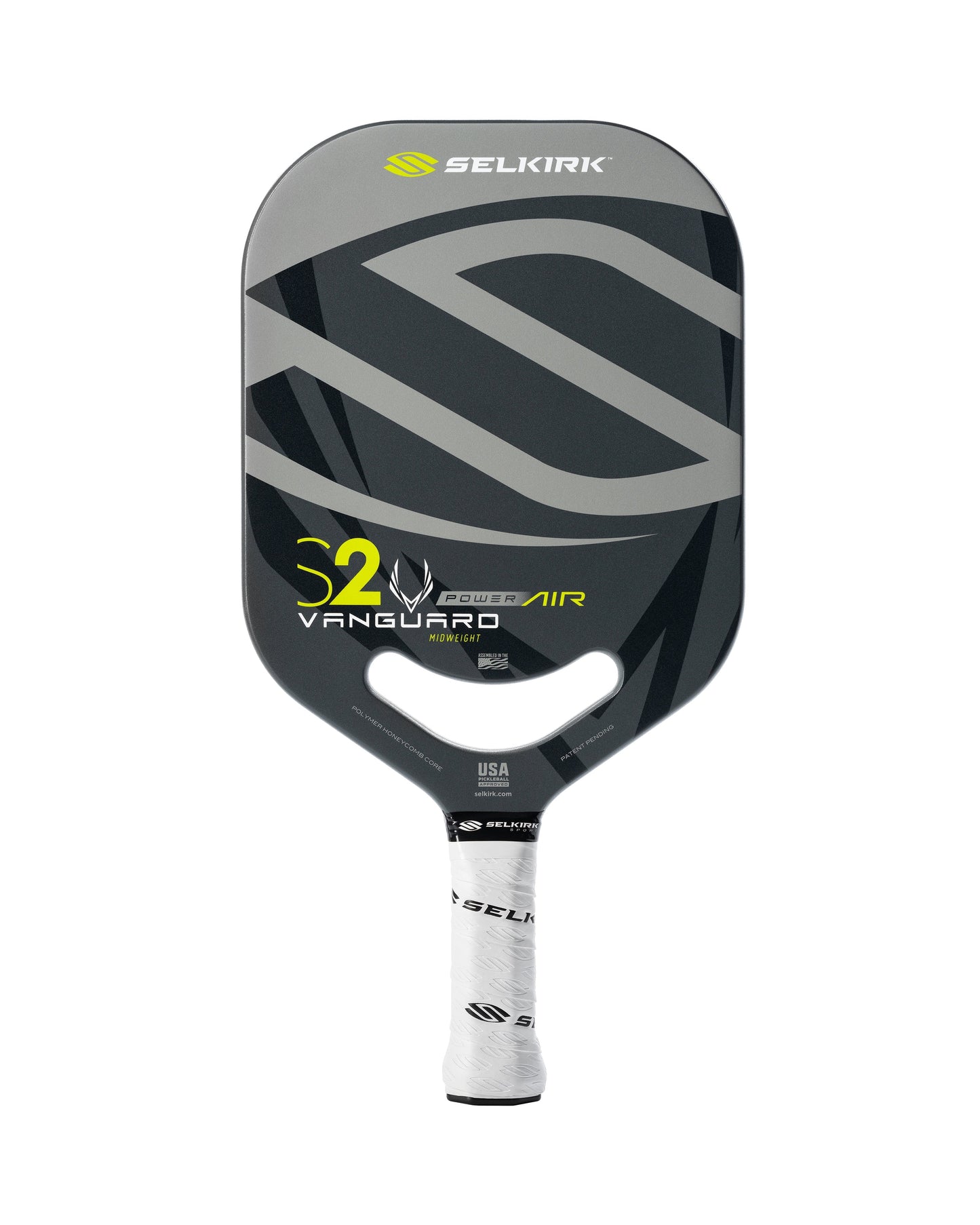 A black and gray Selkirk Power Air S2 Pickleball Paddle with a white grip, showcasing prominent branding and graphics. Part of the high-performance Selkirk paddles lineup, it also comes with a Limited Lifetime Warranty for added peace of mind.