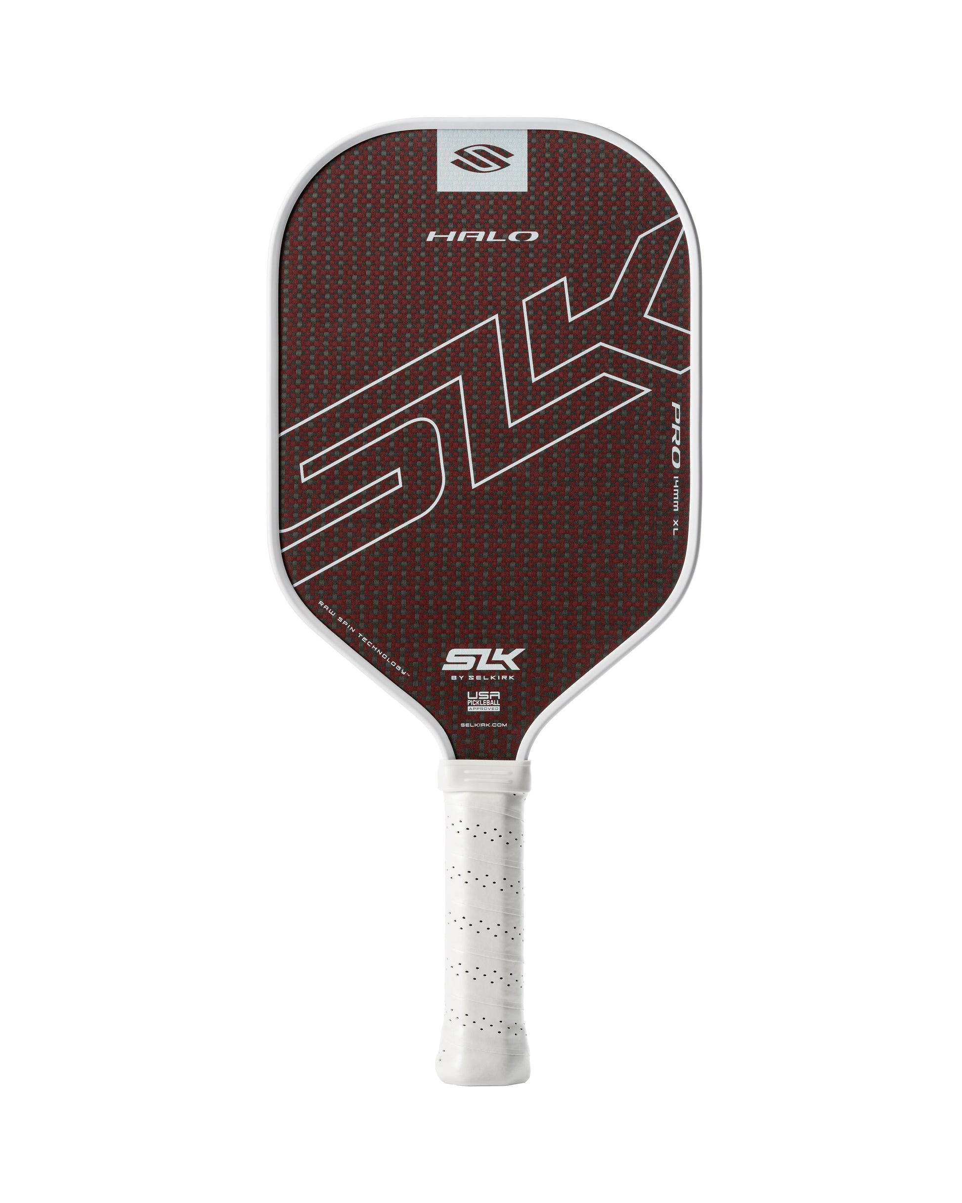 Image of a Selkirk SLK HALO Pro XL 14mm Pickleball Paddle featuring a red face with a white handle and branded with "Selkirk." The paddle showcases a textured surface adorned with white diagonal lines and text detailing.