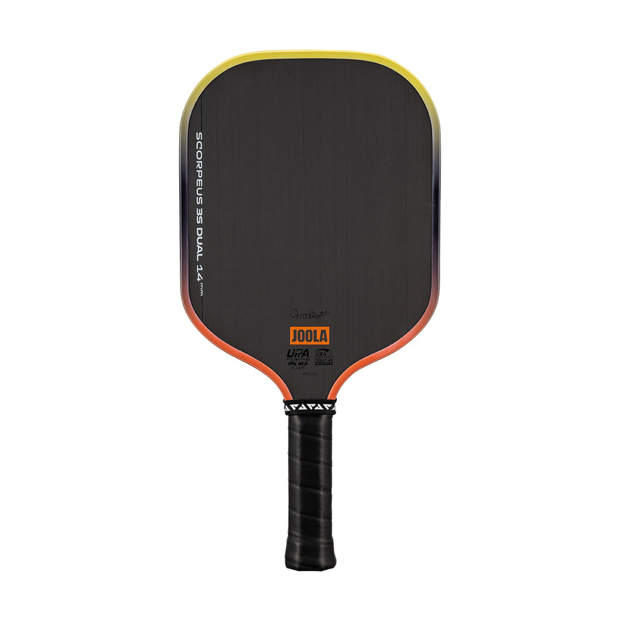 A black Pickleballist JOOLA Scorpeus 3S Dual 14mm Pickleball Paddle with a textured carbon surface, orange and yellow edges, and a black handle is displayed against a white background.