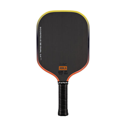 A black Pickleballist JOOLA Scorpeus 3S Dual 14mm Pickleball Paddle with a textured carbon surface, orange and yellow edges, and a black handle is displayed against a white background.