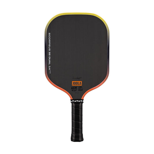 A black Pickleballist JOOLA Scorpeus 3S Dual 14mm Pickleball Paddle with a textured carbon surface, orange and yellow edges, and a black handle is displayed against a white background.